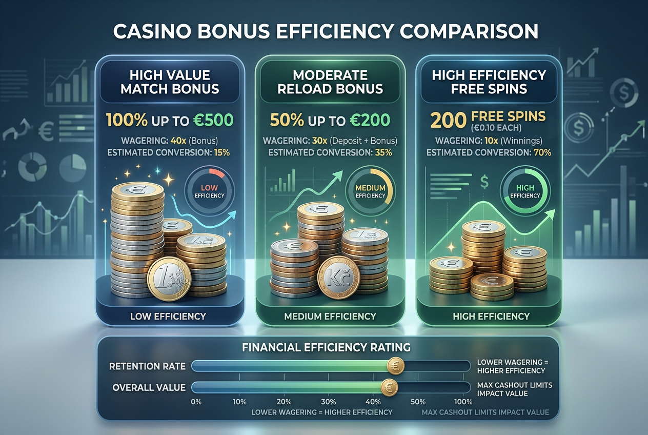 3D infografika porovnávající bonusy a finanční efektivitu různých kasinových platebních metod
