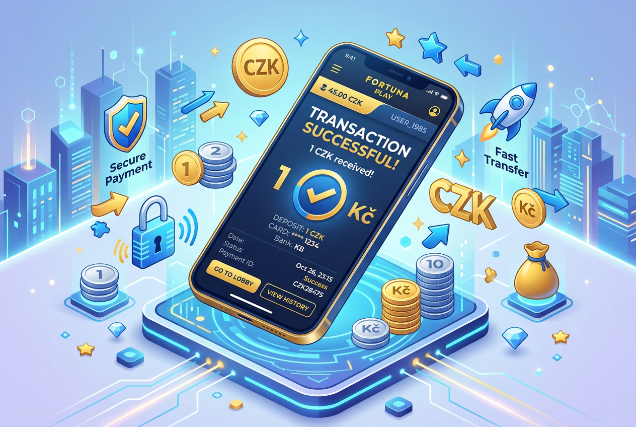 Infografika znázorňující proces vkladu 1 Kč do online casina přes mobilní platbu
