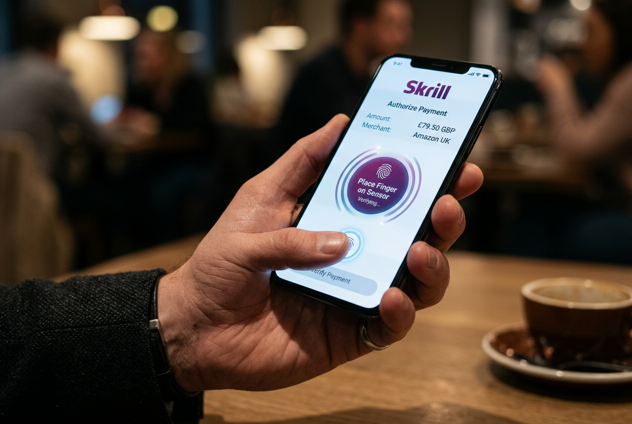 Moderní smartphone se spuštěnou aplikací Skrill potvrzující bezpečnou transakci otiskem prstu